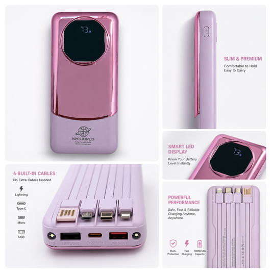 KM WORLD 10000mAh 22.5W Fast Charging Power Bank – Built-in 4 Cables, LED Display