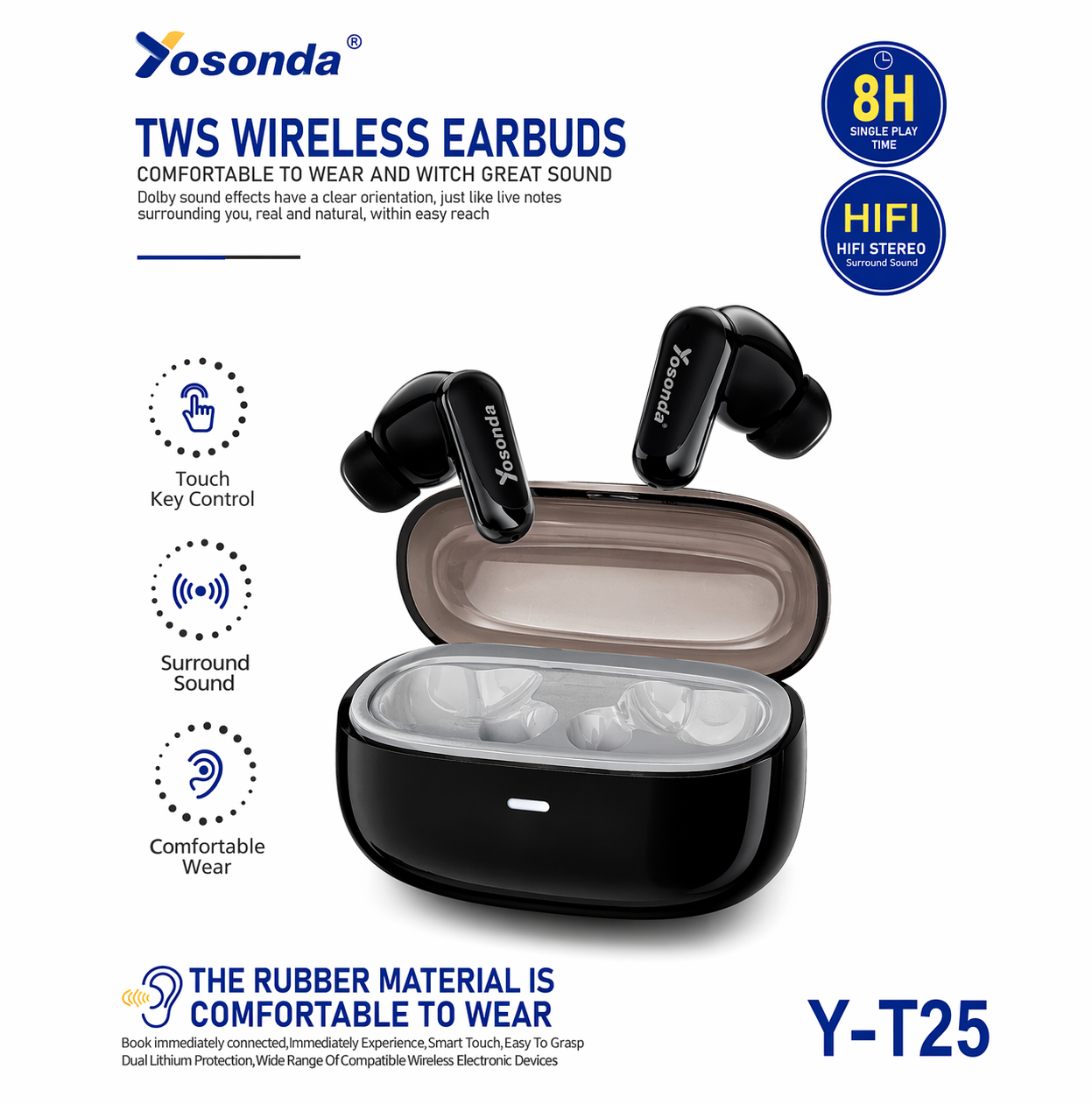 Yosonda Y-T25 TWS Wireless Earbuds – HiFi Sound | 8H Playtime | Touch Control