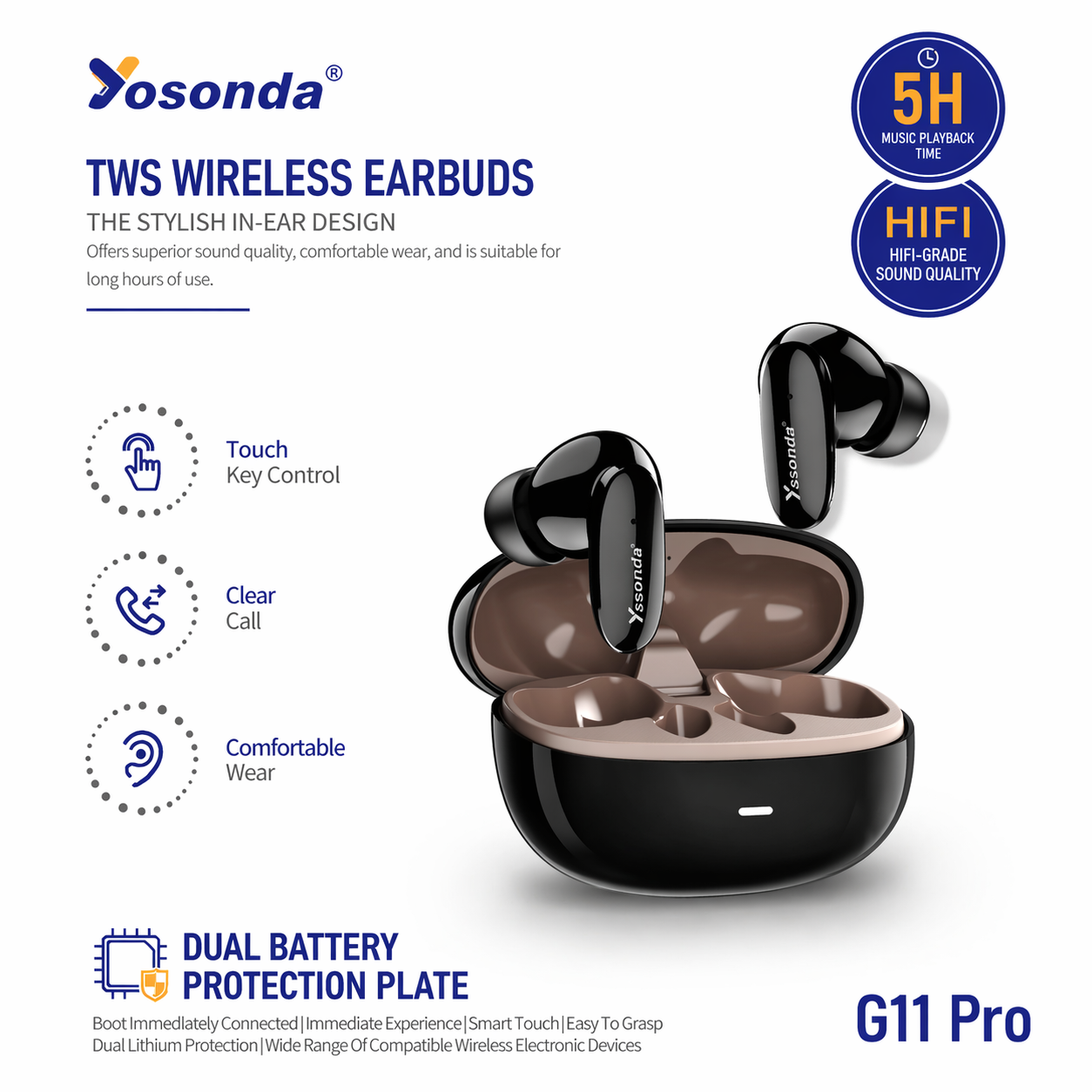 Yosonda G11 Pro TWS Wireless Earbuds – HiFi Sound, Touch Control, 5H Playback
